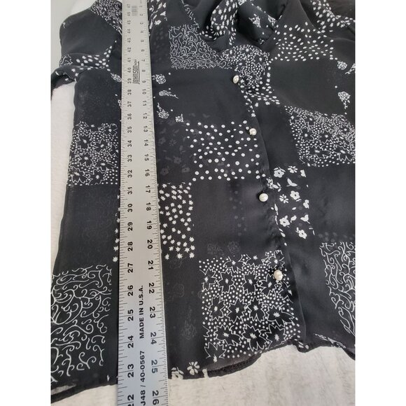 Vintage Judy Knapp Patchwork Print Sheer Button-Up Blouse Ruffle Collar Black - Picture 6 of 6
